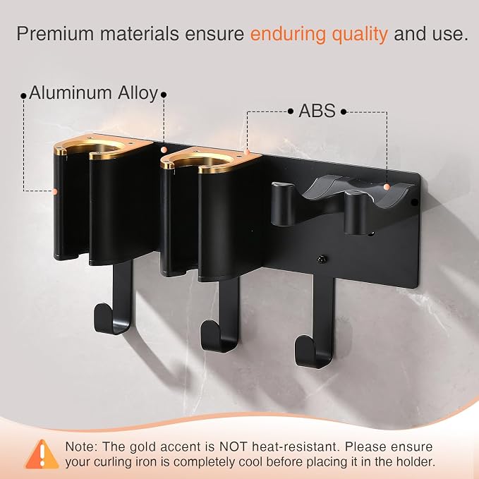 Hair Tool Organizer Wall Mount, Hair Dryer Curling iron Organizer | Hair Tools Holder with Cord Hooks, Straightener Holder, Aluminum Alloy & ABS, Black and Gold Color (Not Including Hair Tools)