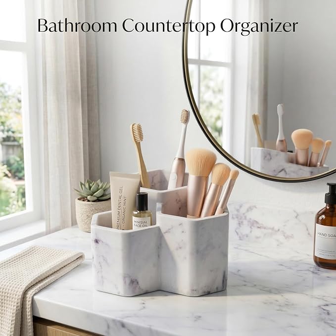 Resin Toothbrush Holder, 3-Slot Bathroom Countertop Organizer | 3-slot resin holder organizes toothbrushes, toothpaste, razors, and makeup brushes for bathroom vanity, countertop, or shower