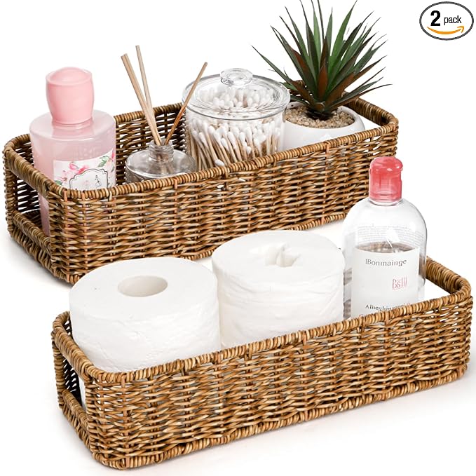 ZAVOOS Toilet Tank Basket, 2 Pack, Handwoven Built-in Handle | Rectangular Wicker Shelf Baskets for Organizing, Countertop Storage Bin for Bathroom Tank Top, Bedroom Closet