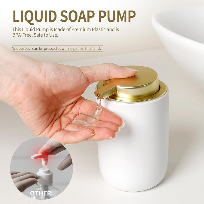 BosilunLife Lotion Pump Dispenser for Bathroom, Kitchen, Countertop | Hand Soap Dispenser Bathroom Ceramic Dish Liquid Soap Dispenser (White with Gold, Liquid Pump)