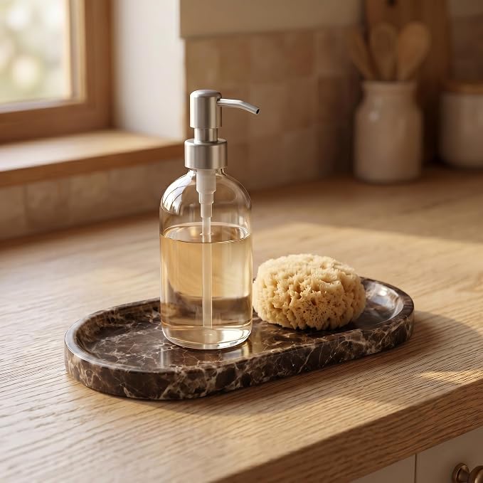 YKAJO Crystal Coffee Brown Oval Marble Tray, 9.8x4.7 Vanity Organizer Dish | Honed natural stone; jewelry & trinket dish, ring & key holder, soap & candle catchall; bath counter, dresser, coffee table