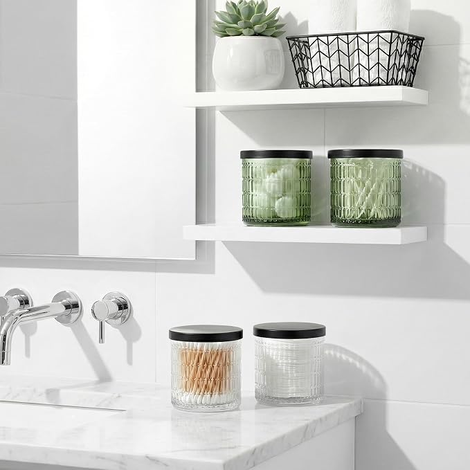 Bathroom Storage Organizer - 2 Pack Glass Qtip Holder Dispenser, Vanity Organizer, Bathroom Essentials Decor Canister for Cotton Swabs, Cotton Balls, Pads, Floss Picks (Green)