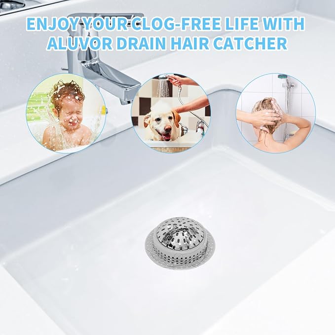 Aluvor Bathtub Drain Hair Catcher Shower Drain Cover Sink Drain Protector | Bathroom Sink & Bathtub Drain Strainer for Pop-Up & Regular Drains, Silver Grey