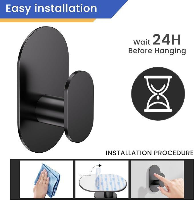 Aikzik Adhesive Hooks, 26LB Extra Strong Heavy Duty Wall Hooks for Hanging Coat, Robe, Towel, Dogs' Leads and Collars Stainless Steel Waterproof Stick on Bathroom/Shower, Door - 2 Pack (Matte Black)