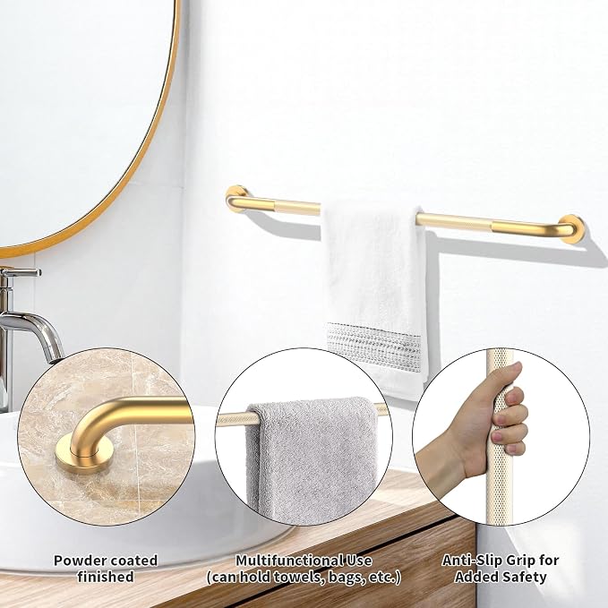 Brushed Gold Shower Grab Bar w/Anti-Slip Knurled Grip 40 Inch,YuanDe Stainless Steel Bathroom Grab Bars, Handicap Injury Elderly Senior Assist Support Shower Handle