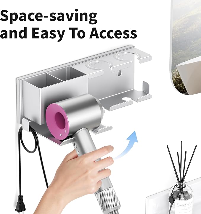 Hair Dryer Holder, Hair Tool Organizer, Blow Dryer Hanger Wall Mount for Dryer Hook, Bathroom Space-Saving Blow Dryer Organizer, Curling Irons Storage Wall Mounted (Gray)