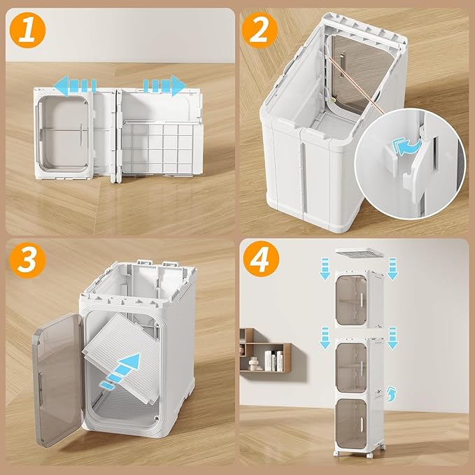 3 Tier Slim Bathroom Storage Cabinet, Foldable and Movable, White | Tools Free, ABS and PET, Magnetic Clear Door, Adjustable Shelves, Lockable Wheels, Water Resistant, For Narrow Space