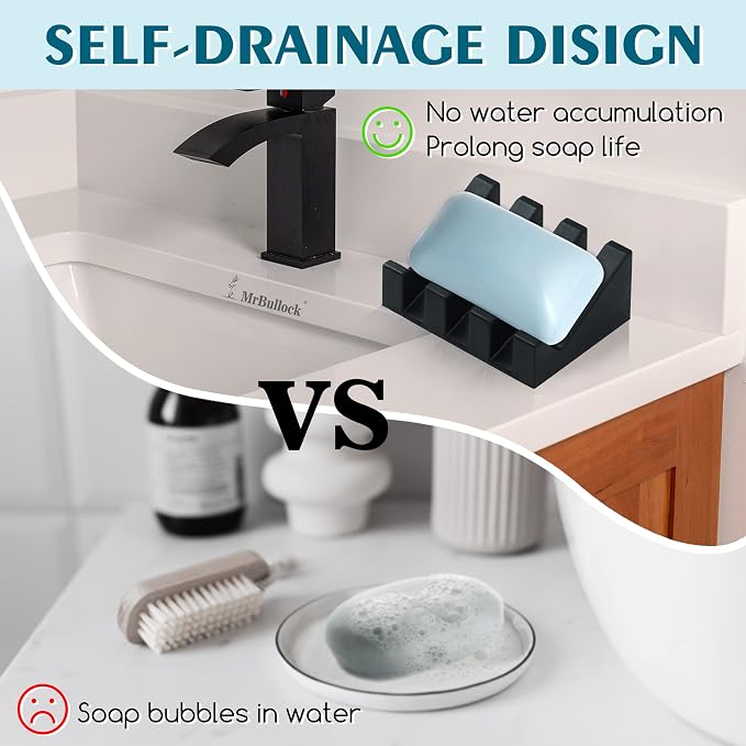 Silicone Soap Dish Self Draining for Shower & Kitchen (Green-Black) | Waterfall drainage design drains fast to keep soap dry; non-slip silicone base, practical soap saver for bathroom & kitchen
