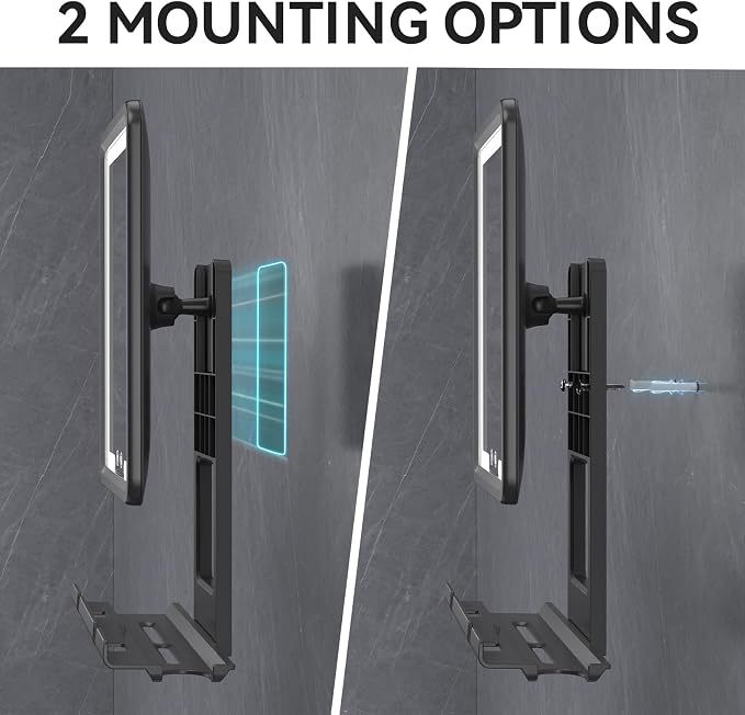 Heated Shower Mirror Fogless for Shaving with 3-Color Dimmable LED Lights, Rechargeable, 360 Degree Adjustable, Drill-Free, All-in-One Storage Tray Holds Shaving Foam, Brush and 2 Razors