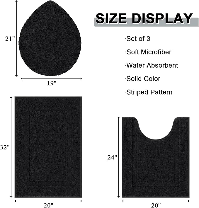 SHACOS 3 Piece Bathroom Rug Set with Toilet Lid Cover, Extra Soft Absorbent | Microfiber Bath Rugs 20"x32" and U-Shaped Toilet, Machine Washable Bath Mats for Bathroom Floor, Tub and Shower, Black