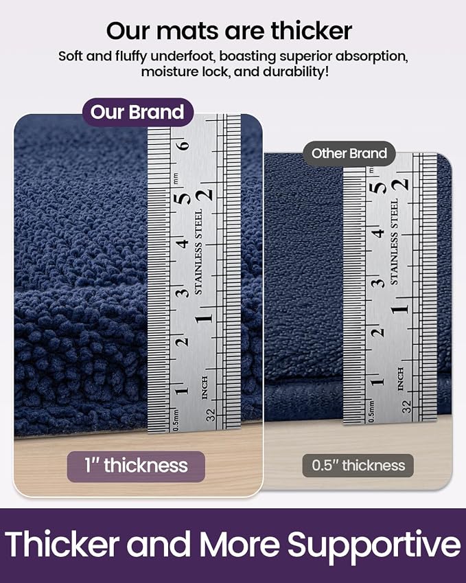 DEXI Memory Foam Bath Mat 32x20, Thick Chenille Bathroom Rug, Navy | Ultra Soft Absorbent, Non Slip Quick Dry, Cushion Plush Bath Carpet for Tub Shower, Sink