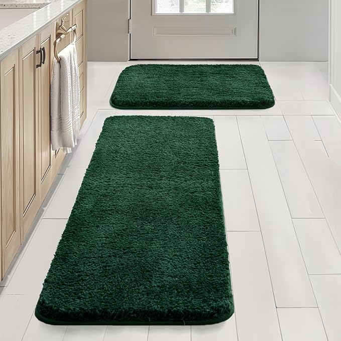 MIULEE Dark Green Bathroom Rugs Set 2 Piece Soft Bath Mats 16x24+16x48 Inch | Soft Absorbent Microfiber Bath Rugs, Non Slip, Quick Dry, Fluffy Bath Rugs for Bathroom Floor Tub Showers, Machine Washable