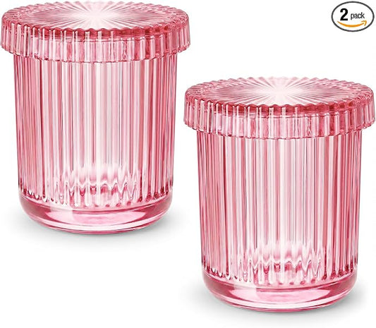 2 Pack Qtip Holder - Apothecary Jars with Lids, Bathroom Organizers and Storage Canister for Cotton Balls,Swabs,Floss Picks,Hair Ties,Clear Glass Vintage Bathroom Decor Jar Set (Pink)