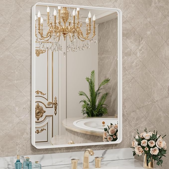 LOAAO 28x36 Inch White Metal Framed Bathroom Mirror | Rounded Rectangle, Anti-Rust, Hangs Horizontally or Vertically