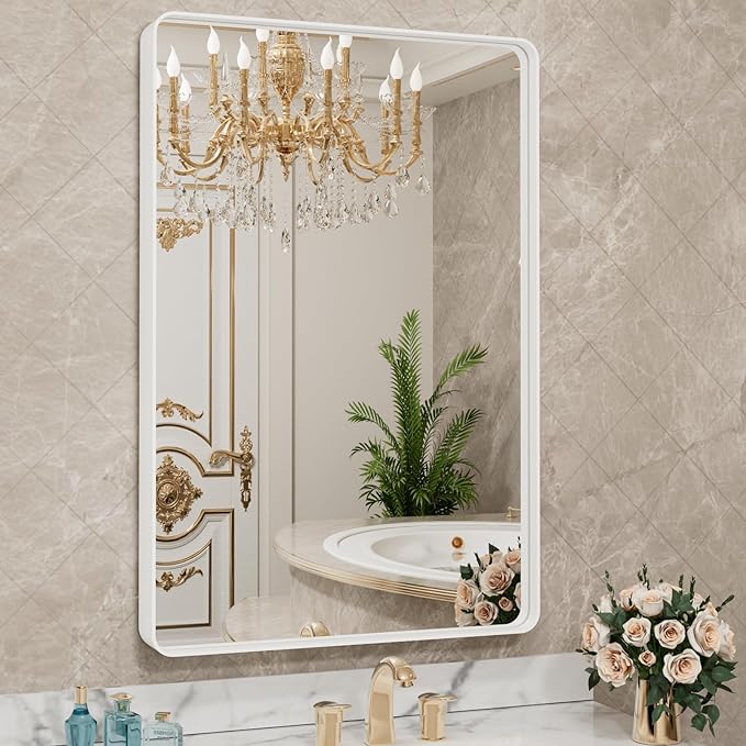 LOAAO 24x32 Inch White Metal Framed Bathroom Mirror | Rounded Rectangle Mirror, Anti-Rust, Hangs Horizontally or Vertically