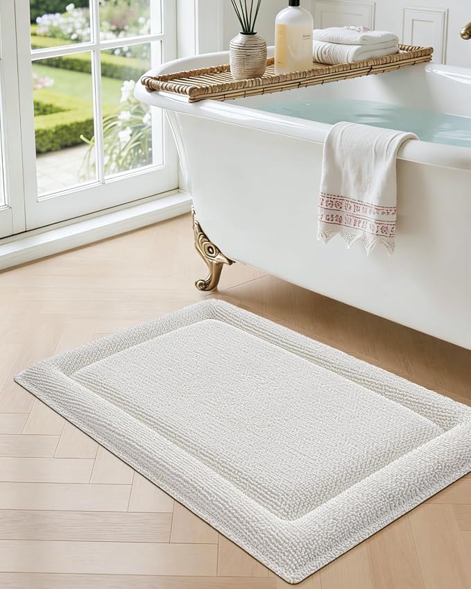 DEXI Memory Foam Bath Mat 24x17, Thick Chenille Bathroom Rug, Ivory | Ultra Soft Absorbent, Non Slip Quick Dry, Cushion Plush Bath Carpet for Tub Shower, Sink