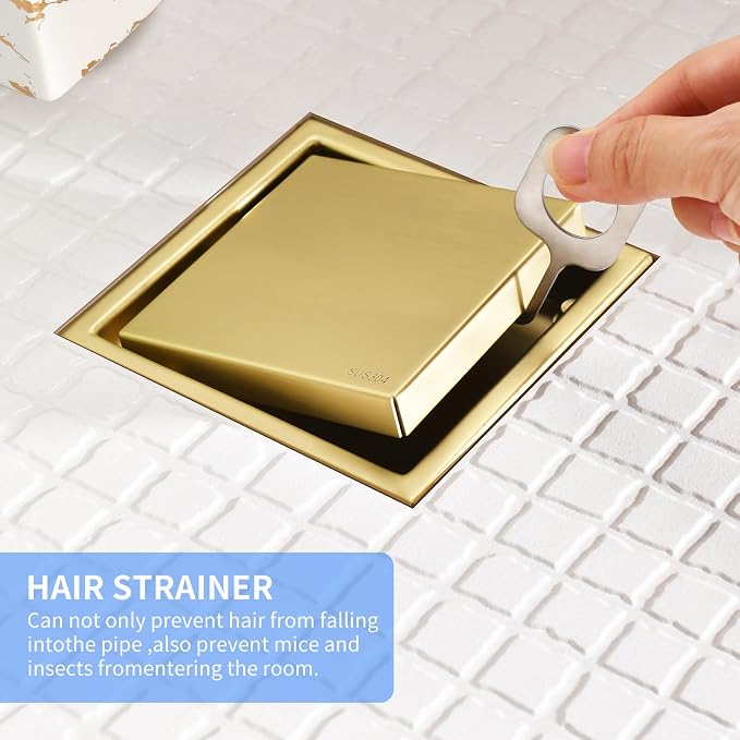 4-Inch Square Shower Drain, Brushed Gold Floor Drain with Flange, 304 Stainless Steel Bathroom 2-in-1 Tile Drain