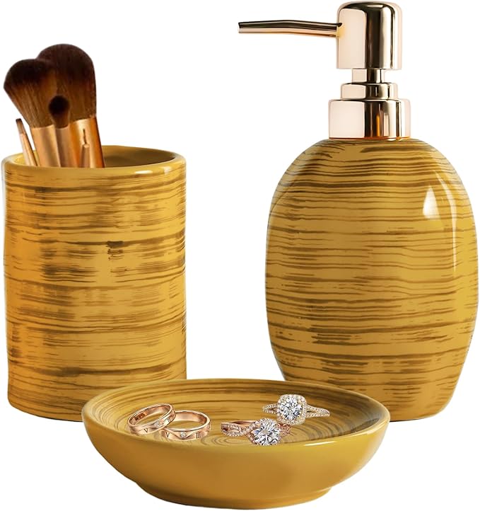 Bathroom Accessories Set, 3 Pcs Marble Look Bath Set Soap Dispenser & Toothbrush Holder Set, Counter Top Restroom Apartment Decor Stuff, Ceramic Kits, Unique Gift, Yellow