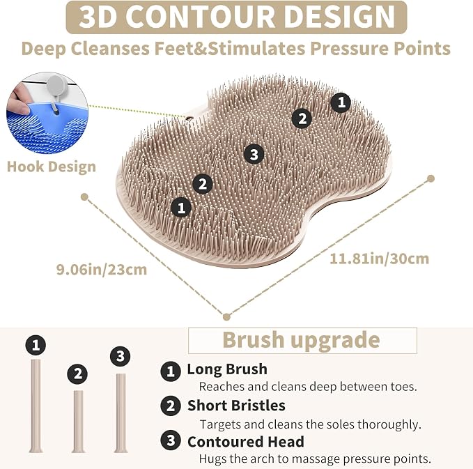 Shower Foot Scrubber Mat with 3 Types of Upgraded Brushes for Massage, Shower Back Scrubber with Micro Suction Cups,Non Slip Bathtub Shower Scrubber for Body at Home Spa(Khaki)