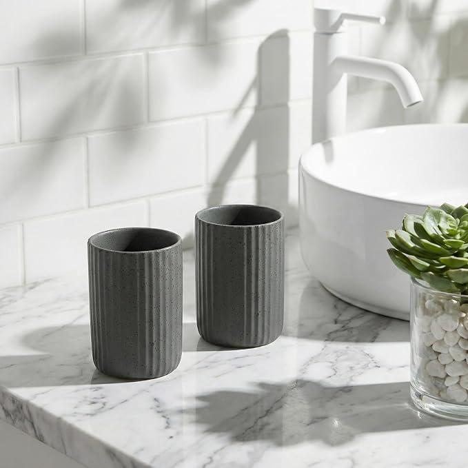 Ceramic Bathroom Tumbler, Ribbed Bathroom Toothbrush Holder Cups, Tooth Brush Holder Set, Reusable Toothbrush Mouthwash Cup, Toothpaste Holder Toothbrush Organizer for Bathroom Counter