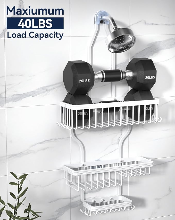 Never Rust Shower Caddy Hanging, Aluminum Shower Racks for Inside Shower, 3-Tier Shower Organizer Hanging Over Shower Head with Hooks and Soap Holder, White