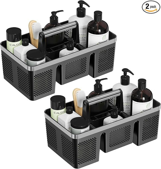 BYUNER 2Pack Plastic Shower Caddy: Portable Hard Bathroom Basket Tote with Handle, 4 Divided Compartments, All-Side Drainage, Non-Mesh Shower & Cleaning Caddy Organizer for College Dorm, Black/Silver