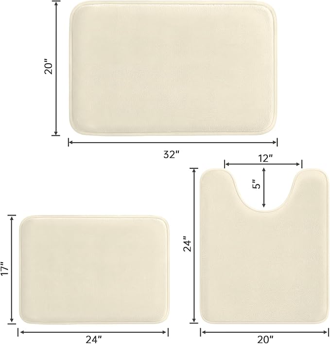 HUXMEYSON 3-Piece Memory Foam Bathroom Rug Set, Ivory | Quick Dry Velvet Surface, Non-Slip & PVC Backing, Ultra Soft Bath Rugs for Bathroom, 17"x24"+20"x32"+U Shape 20"x24"