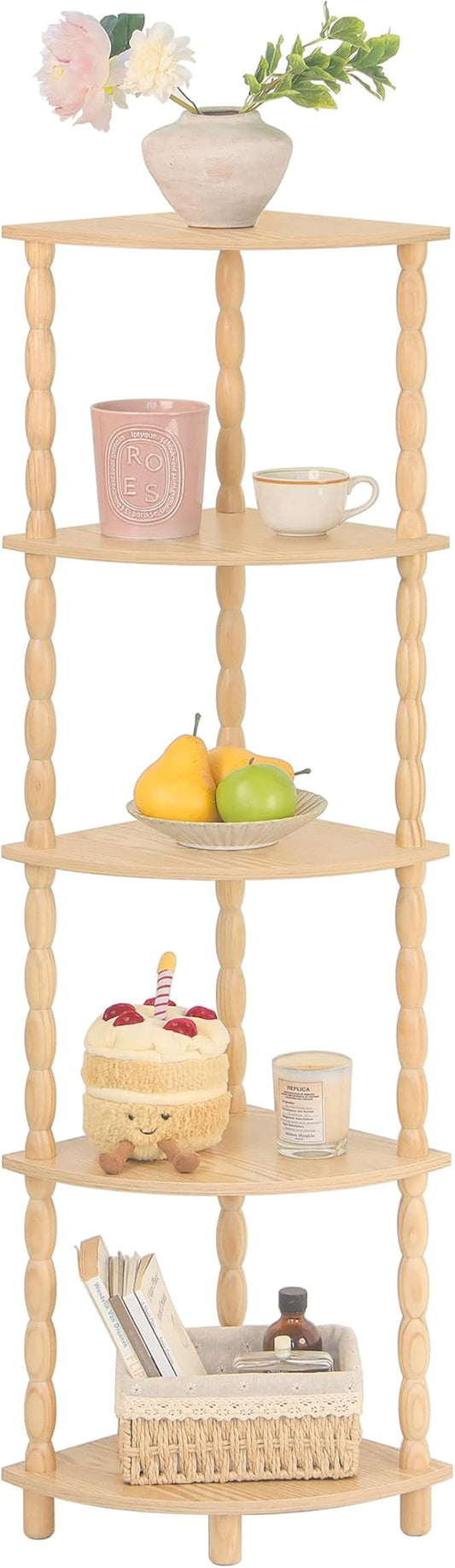 MaxSmeo Corner Shelf, 5-Tier Corner Bookshelf for Small Spaces, Stylish Corner Storage Display Shelves for Bedroom, Bathroom, Kitchen, Living Room (Natural)
