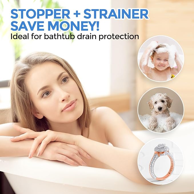 zaa 2 in 1 Bathtub Drain Stopper & Hair Catcher Pop-Up Plug | Upgraded Silver Pop Up Tub Plug for 1.46-2" Drain, Replaces Lift & Turn Tip-Toe or Trip Lever, Easy Hair Catcher