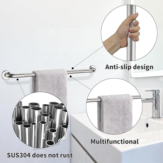 36 Inch Anti Slip Shower Grab Bar,Munzong Bathroom Grab Bars and Showers,Brushed Nickel Knurled Handicap Balance Bar,Safety Hand Rail Support Elderly Senior Bath Handle
