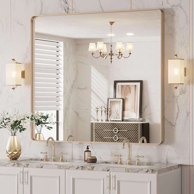 LOAAO 40”X36” Gold Bathroom Mirror, Rounded Rectangle Gold Frame Mirror, Brushed Gold Bathroom Vanity Mirror Wall-Mounted, Anti-Rust, Tempered Glass, Hangs Horizontally or Vertically | Rounded Rectangle, Brushed Gold Frame, Wall-Mounted, Anti-Rust, Tem...