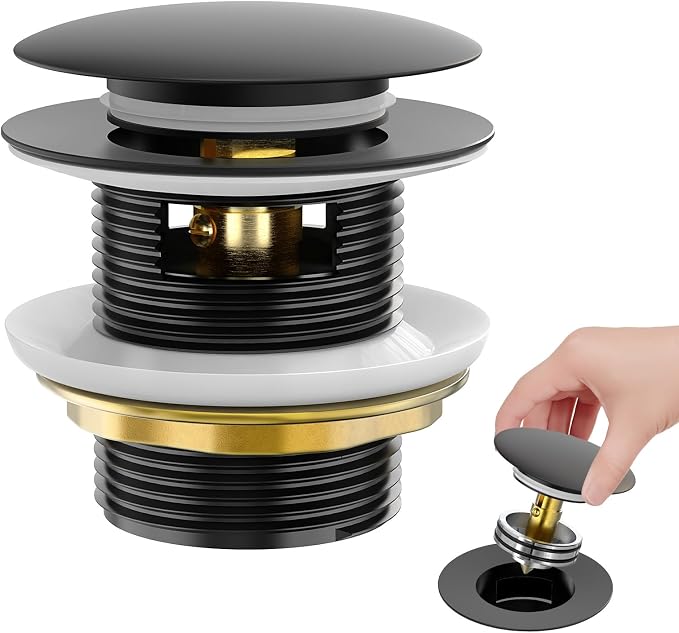 BOTEMY Solid Brass Pop-Up Drain with Overflow for Freestanding Tubs, Tool-Free Installation Bathtub Drain Stopper with Matte Black Finish, Universal Fit 1.8" Hole, Leak-Proof Heavy Duty（Matte Black