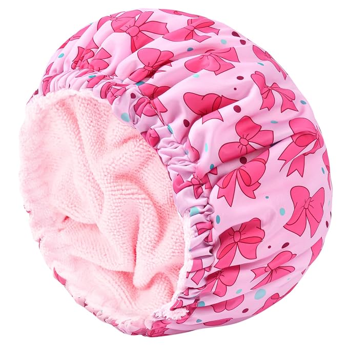 Aileam Pink Bow Shower Cap for Women, Terry Lined Bath Cap Large Reusable Waterproof Shower Hair Cap for Long Thick Hair