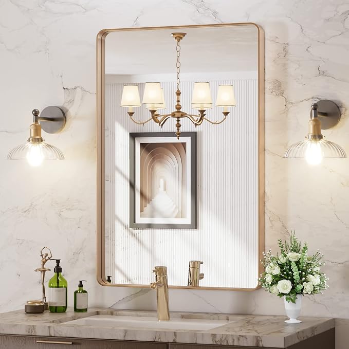 LOAAO 24"X36" Gold Bathroom Mirror | Rounded Rectangle, Brushed Gold Frame, Wall-Mounted, Anti-Rust, Hangs Horizontally or Vertically