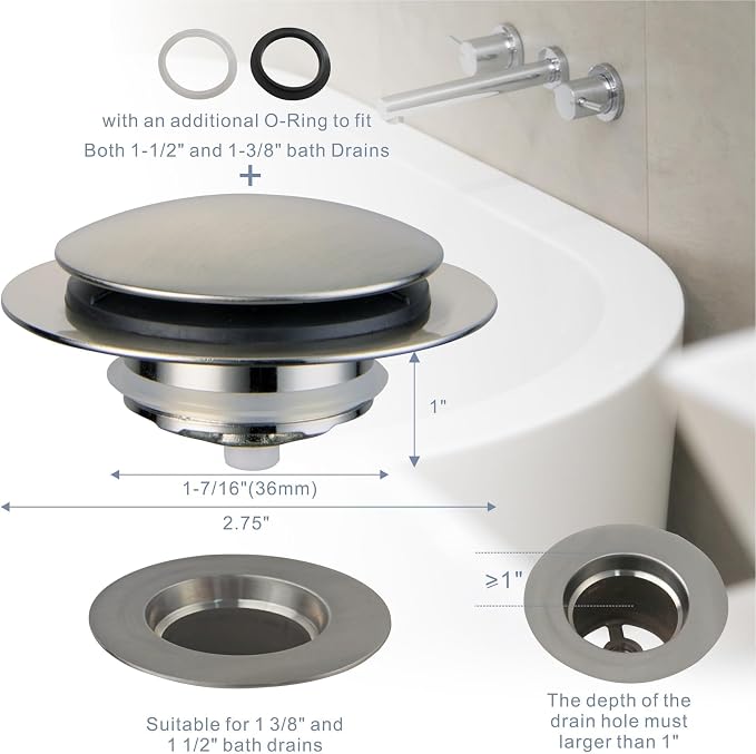Brushed Bathtub Drain Stopper,Universal Pop Up Bath Drain, Hidrop Tip Toe Tub Drain Stopper,Conversion Kit Assembly, Replaces Lift and Turn,Tip-Toe and Trip Lever drains for Tub, EZ Install(Brushed)