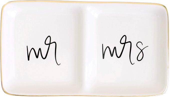 Sweet Water Decor Mr and Mrs Ring Dish - Personalized Wedding & Engagement Gift, Ring or Jewelry Dish Holder - Trinket Tray & Bedroom Decor - Ceramic White