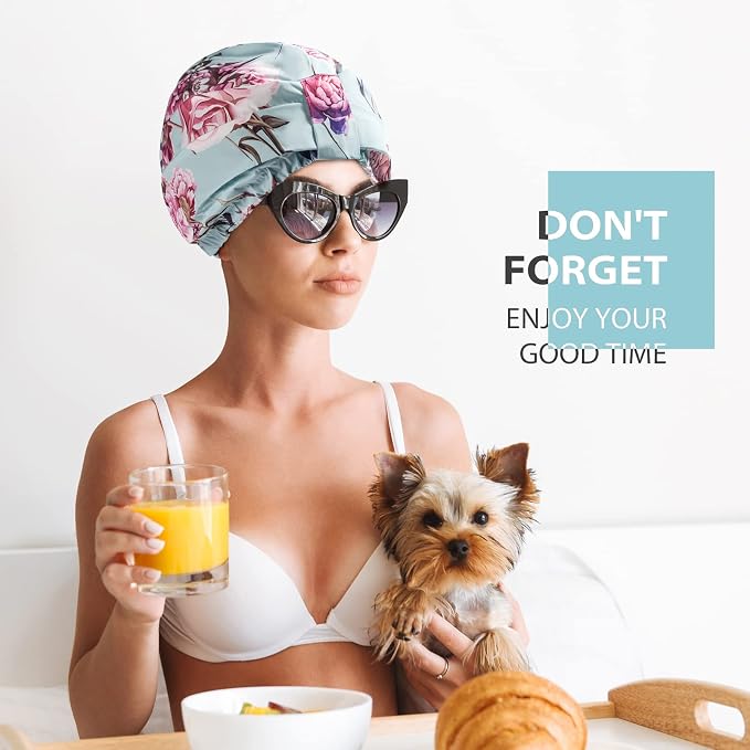 INNELO Shower Cap for Women Reusable Waterproof, Double Layer, Satin Lined | Bath Cap, Adjustable Elastic Strap, Large Size for Short Long Curly Hair, Soft Silky Lined, Anti Frizz, Shower Essentials