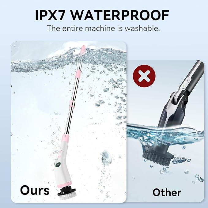 Electric Bathroom Cleaning Brush Cordless Shower Scrubber SD-CTB01 | Spin Scrubber Full Body Waterproof IPX7 with Adjustable Handle, 8 Replaceable Brush Heads for Bathtub/Kitchen/Window/Home