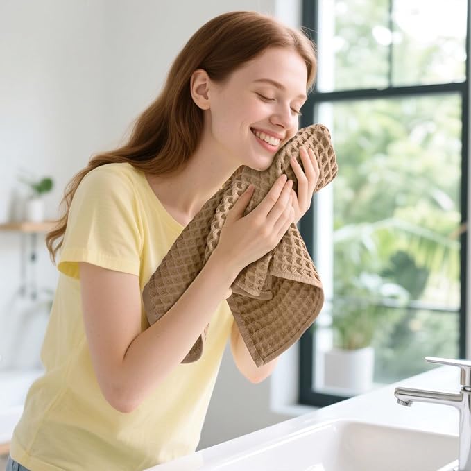 Waffle Bathroom Hand Towels 2-Piece (Tan) – Cotton, Soft, Lightweight | Lint Free, 13” x 29”