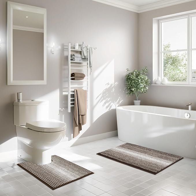 Bathroom Rugs Sets 2 Piece, 32"x20" + U-Shaped 24"x20", Coffee | Ultra Soft Absorbent, Chenille Contour Toilet Rug, Non Slip Striped, Quick Dry Machine Washable, Shower Rug for Bathroom
