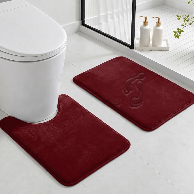 Bathroom Rugs Sets 3 Piece, Non-Slip & Quick Dry Bath Mat Set, Ultra Soft Velvet Bath Rugs for Bathroom, Toilet and Shower Floor, Red