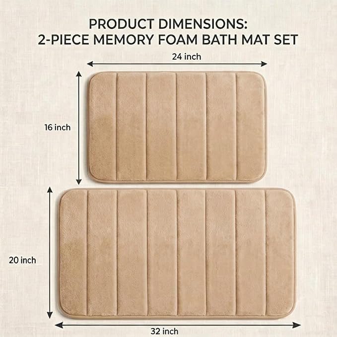 Memory Foam Bathroom Rugs Sets 2 Piece - Super Soft Absorbent Quick Dry Memory Foam Bathroom Rugs, Machine Washable Non Slip Floor Carpet for Tub Shower & Single Sink 32"x20"+24"x16"(Beige)
