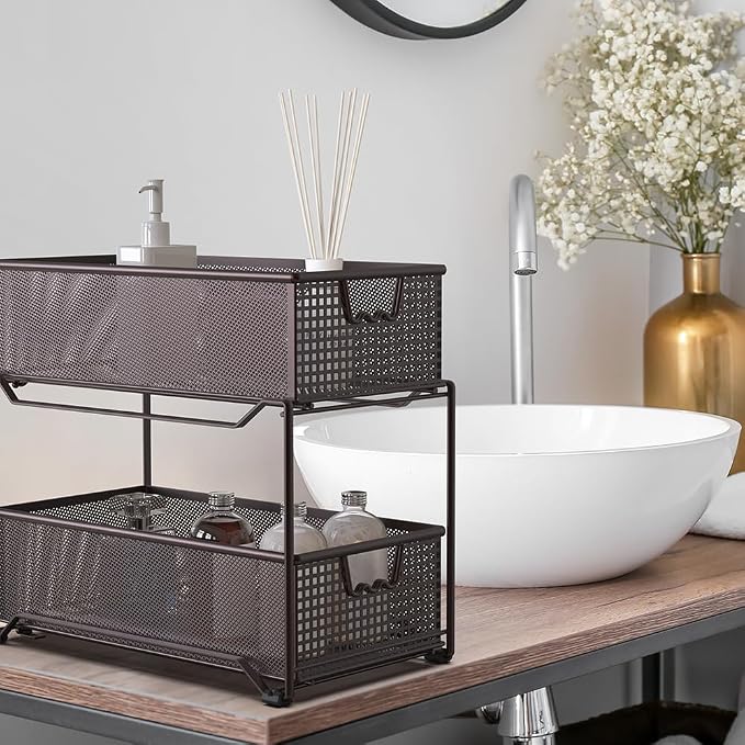 Deco Brothers 2 Tier Bathroom Storage Organizer with Pull-Out Drawer, Bronze