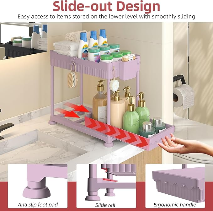 Sevenblue Under Sink Organizer, Bathroom Organizers and Storage, 2 Tier Multi-Use Pull Out Cabinet Organizer with Hang Hooks and Cups (Pink, 12.8 Inch)
