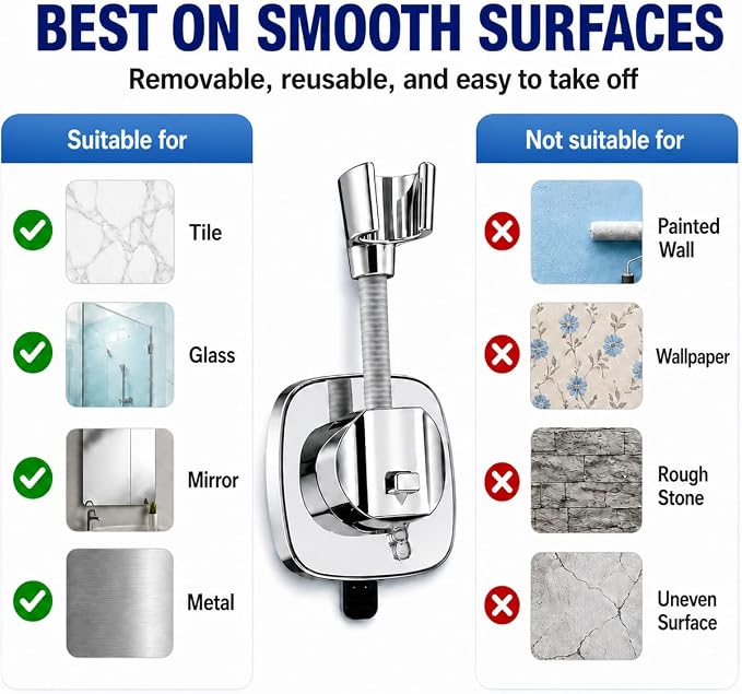 Chrome Suction Shower Head Holder, No Drill Handheld Shower Wand Bracket with Adjustable Angle Removable Vacuum Holder for Smooth Tile Glass Marble Metal Fits Standard 1/2" Hoses