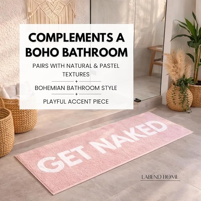 LABEND HOME Get Naked Bath Mat Runner 50"" x20 - Funny Bathroom Rug, Plush Microfiber Non-Slip TPR Backing, Machine Washable Quick-Dry Bath Decor - Pink
