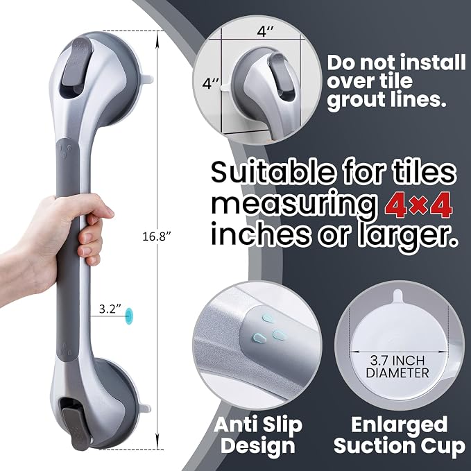 TAILI Shower Grab Bar 2 Pack 16 Inch Suction Grab Bars for Bathtubs & Showers, Heavy Duty Shower Handle Removable Shower Handrails for Elderly and Seniors, No Drilling Waterproof, Silver,G9