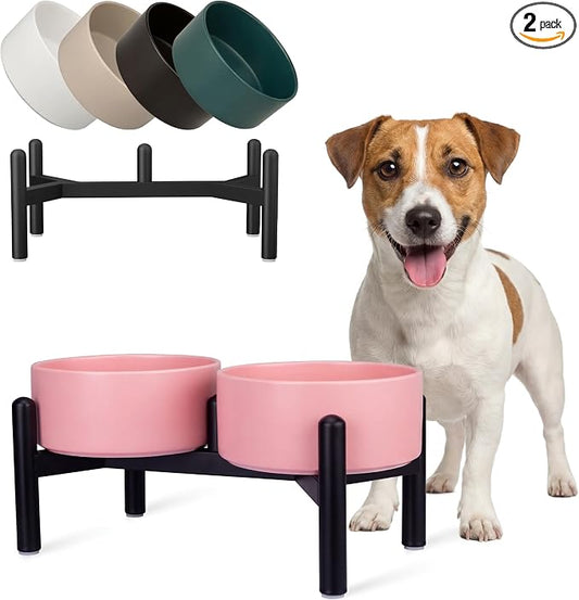 Raised Ceramic Dog Bowl Set with Stand, 3.5 Cups Elevated Dog Food Stand | 6.1'' Double Dog Food and Water Bowl Set, Non-Slip Dog Feeding Dishes for Small to Medium Breeds, 29.57 OZ, Pink