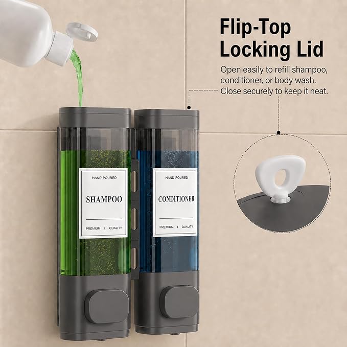 Shampoo and Conditioner Dispenser – Wall-Mounted Shower Soap Dispenser, No-Drill Installation, Lockable, 900 ml Capacity,for Bathroom & Hotel or Airbnb (Gun Gray, 3-Pack)