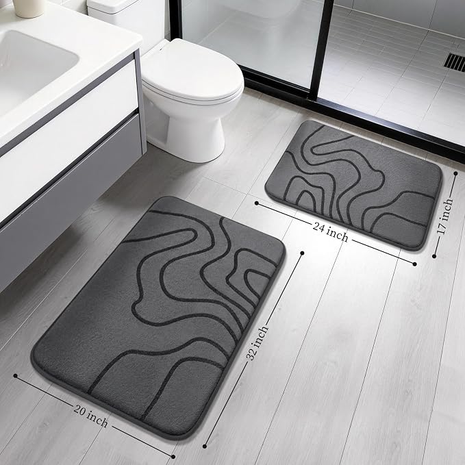 YIHOUSE Memory Foam Bathroom Rugs Sets 2 Piece, 32"x20"+24"x17", Dark Grey | Ultra Soft, Extra Thick Bath Mat, Absorbent, Non-Slip, Machine Washable, For Tub, Shower & Home Decor Accessories